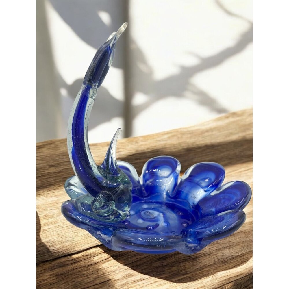 MCM Blue Dolphin Art Glass Candy dish Mid Century Modern 9"